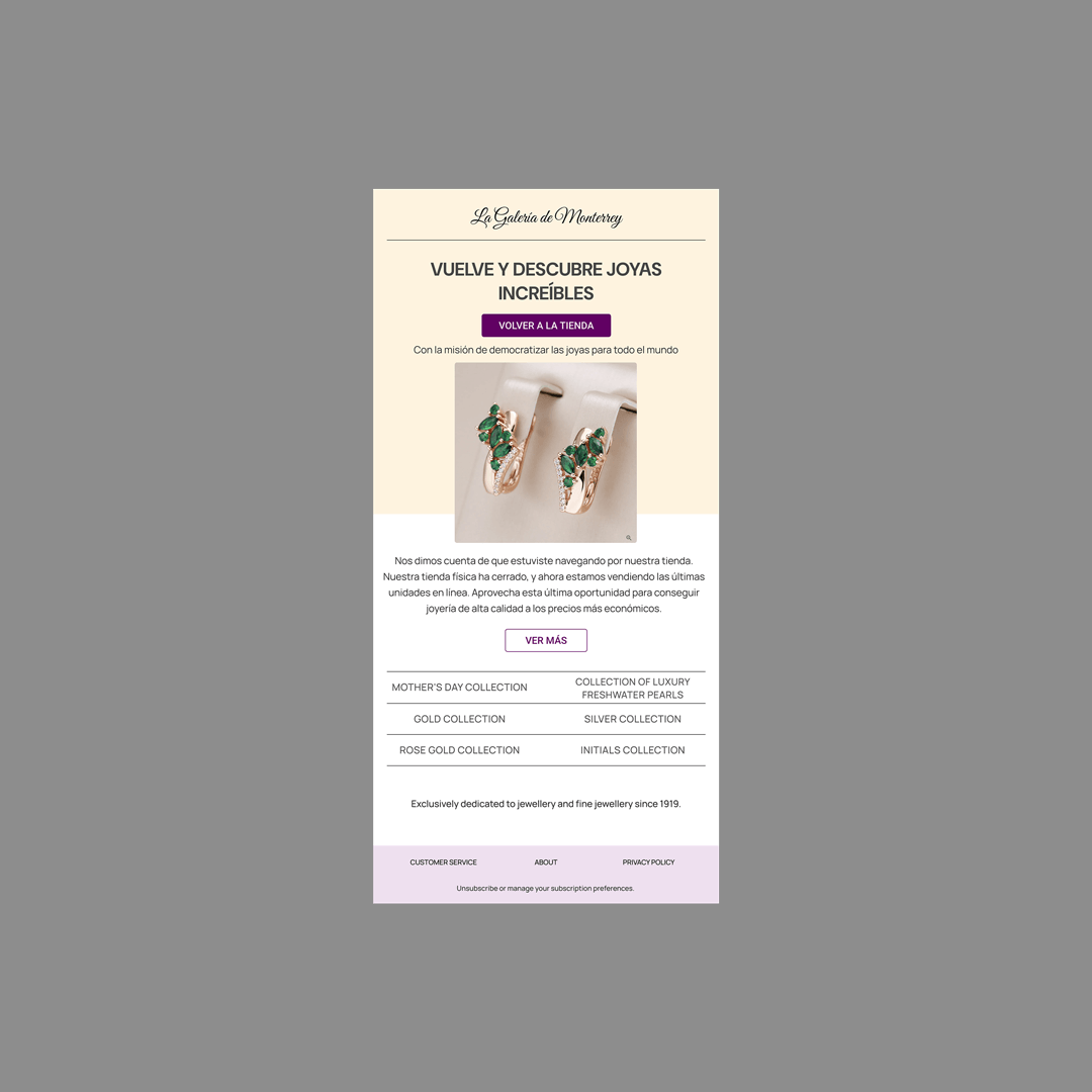 antes de un diseño de email marketing para marca de joyas