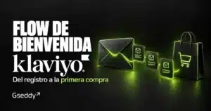 Flow de bienvenida en Klaviyo: un sobre y una secuencia de mensajes conectados con una bolsa de compra