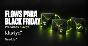 Flows de Klaviyo para Black Friday representados por tres sobres conectados, una etiqueta de descuento y una bolsa de compra