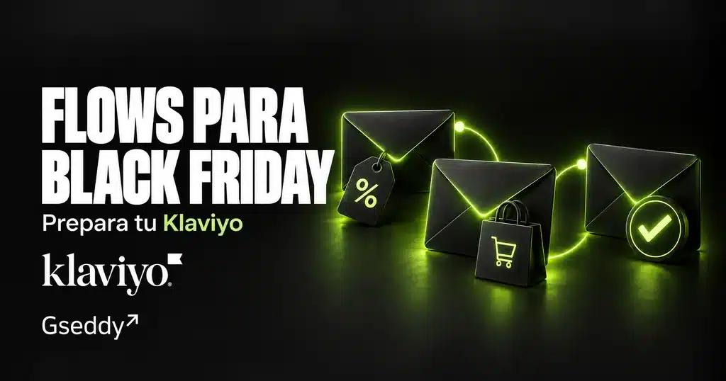 Flows de Klaviyo para Black Friday representados por tres sobres conectados, una etiqueta de descuento y una bolsa de compra