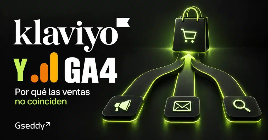 Logos de Klaviyo y Google Analytics junto a tres caminos que convergen en una compra