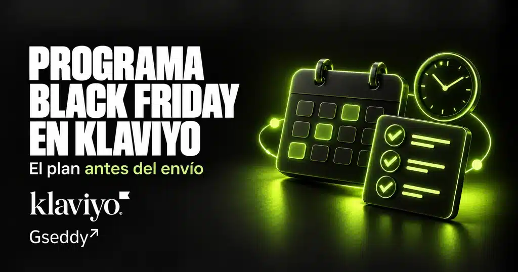 Programación de campañas de Black Friday en Klaviyo, ilustrada con un calendario, un reloj y una lista de comprobación